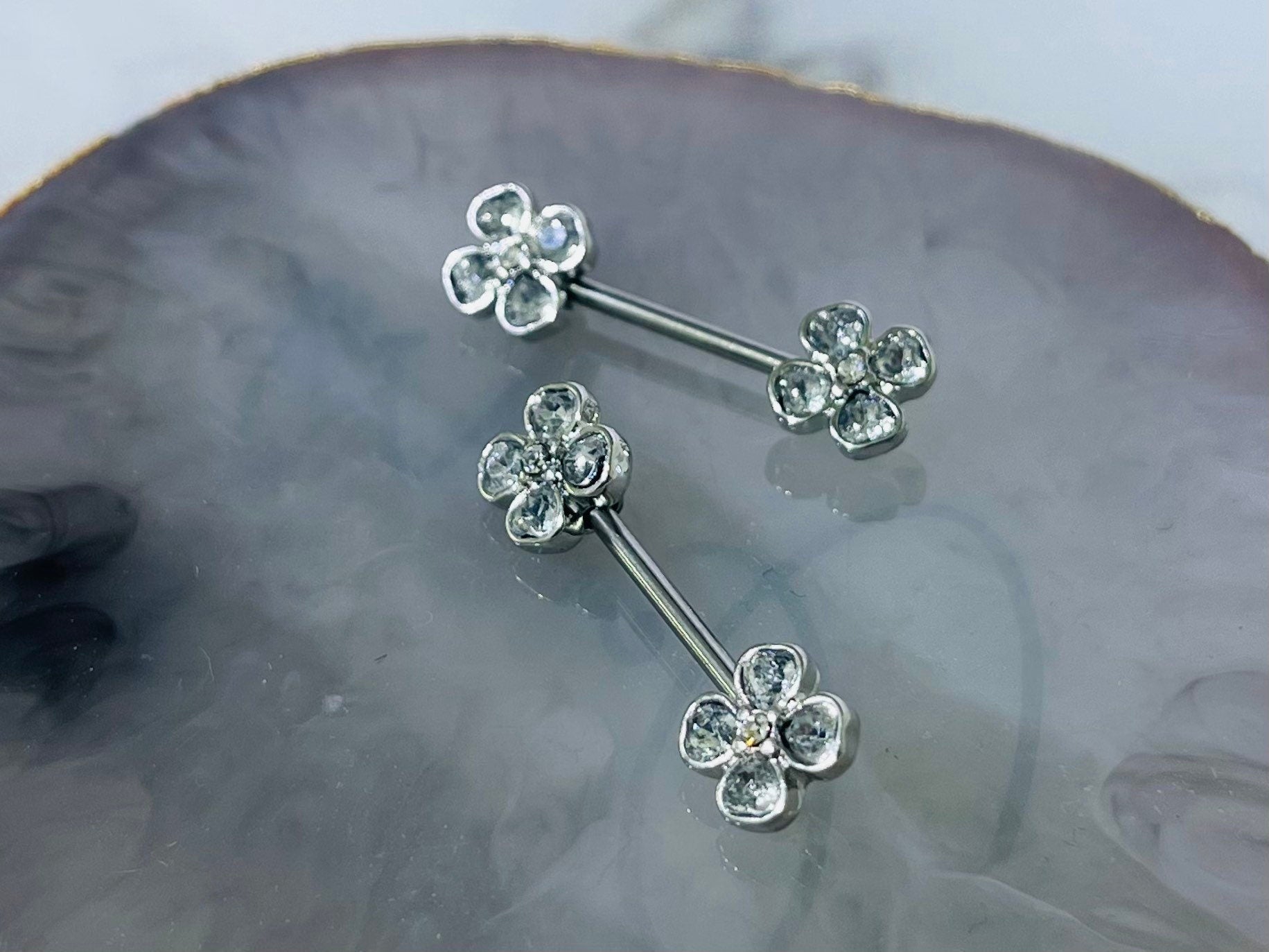 Pair of 14G Silver Clear Stone Heart Clover Nipple Barbells. Nipple Piercing. Nipple Rings. Nipple Jewelry.