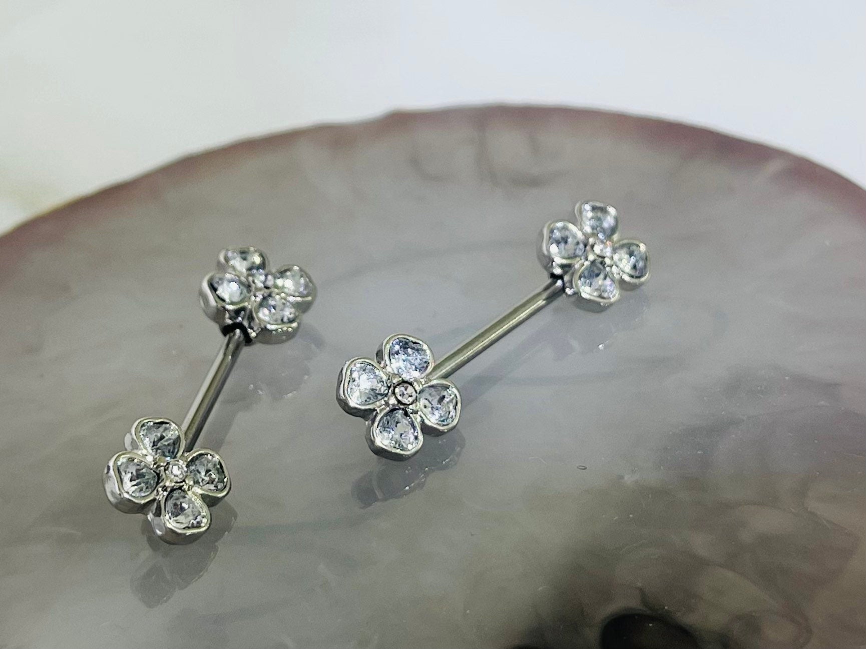 Pair of 14G Silver Clear Stone Heart Clover Nipple Barbells. Nipple Piercing. Nipple Rings. Nipple Jewelry.