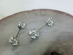 Pair of 14G Silver Clear Stone Heart Clover Nipple Barbells. Nipple Piercing. Nipple Rings. Nipple Jewelry.