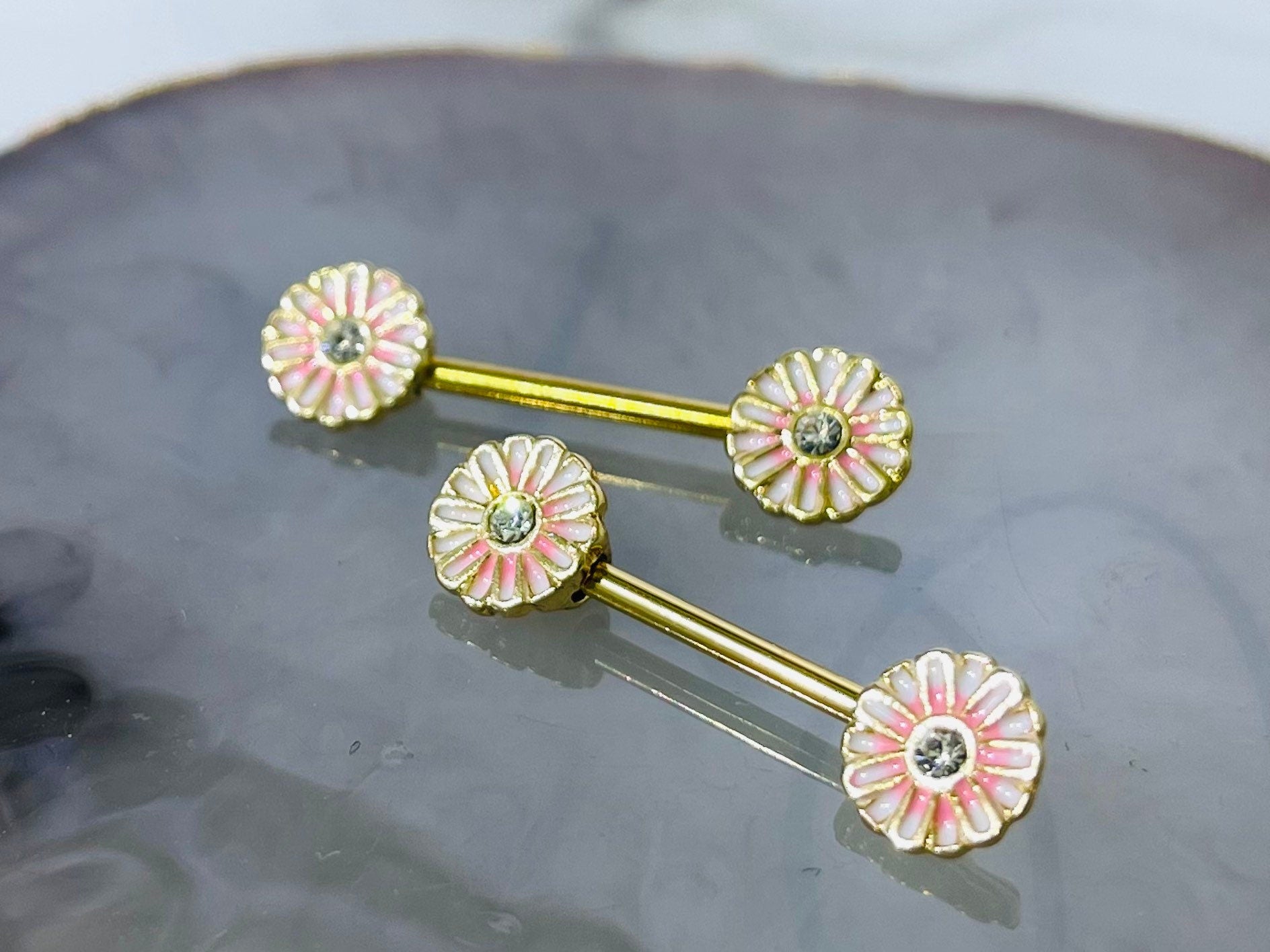 Pair of 14G Gold Pink Blush Flower Nipple Barbell. Nipple Rings. Nipple Piercing. Nipple Jewelry.