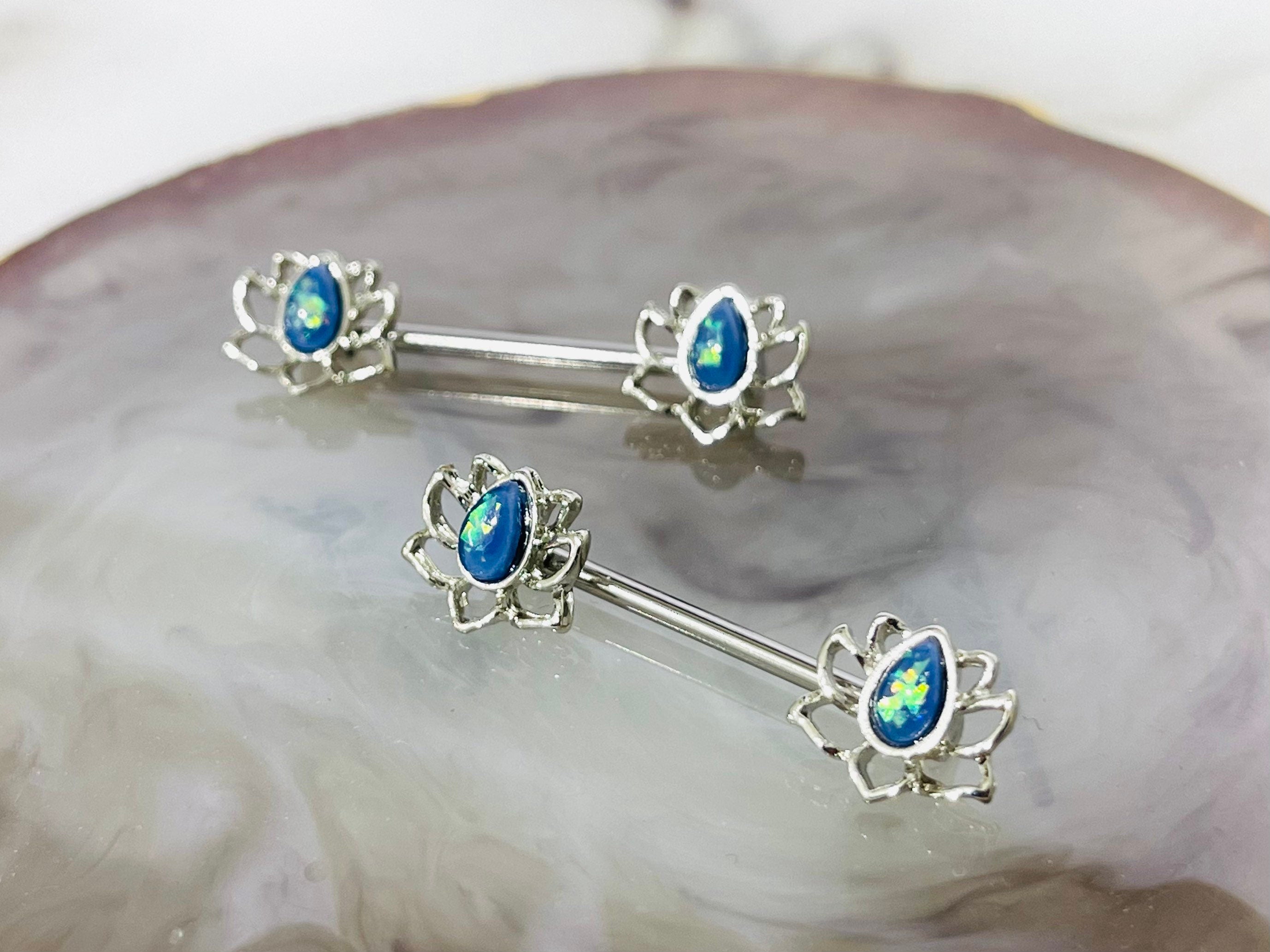 Pair of 14G Blue Opal Lotus Ends Nipple Barbell. Nipple Rings. Nipple Piercing. Nipple Jewelry.