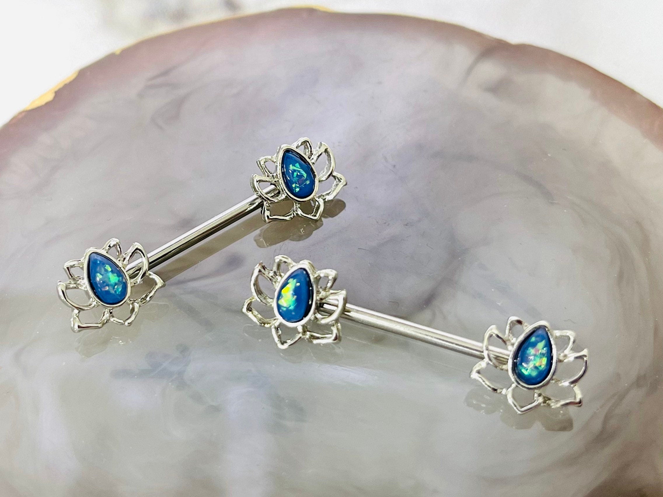 Pair of 14G Blue Opal Lotus Ends Nipple Barbell. Nipple Rings. Nipple Piercing. Nipple Jewelry.