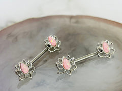 14G Pink Opal Lotus Ends Nipple Barbell Jewelry for Woman. Nipple Rings. Nipple Piercing. Nipple Jewelry.