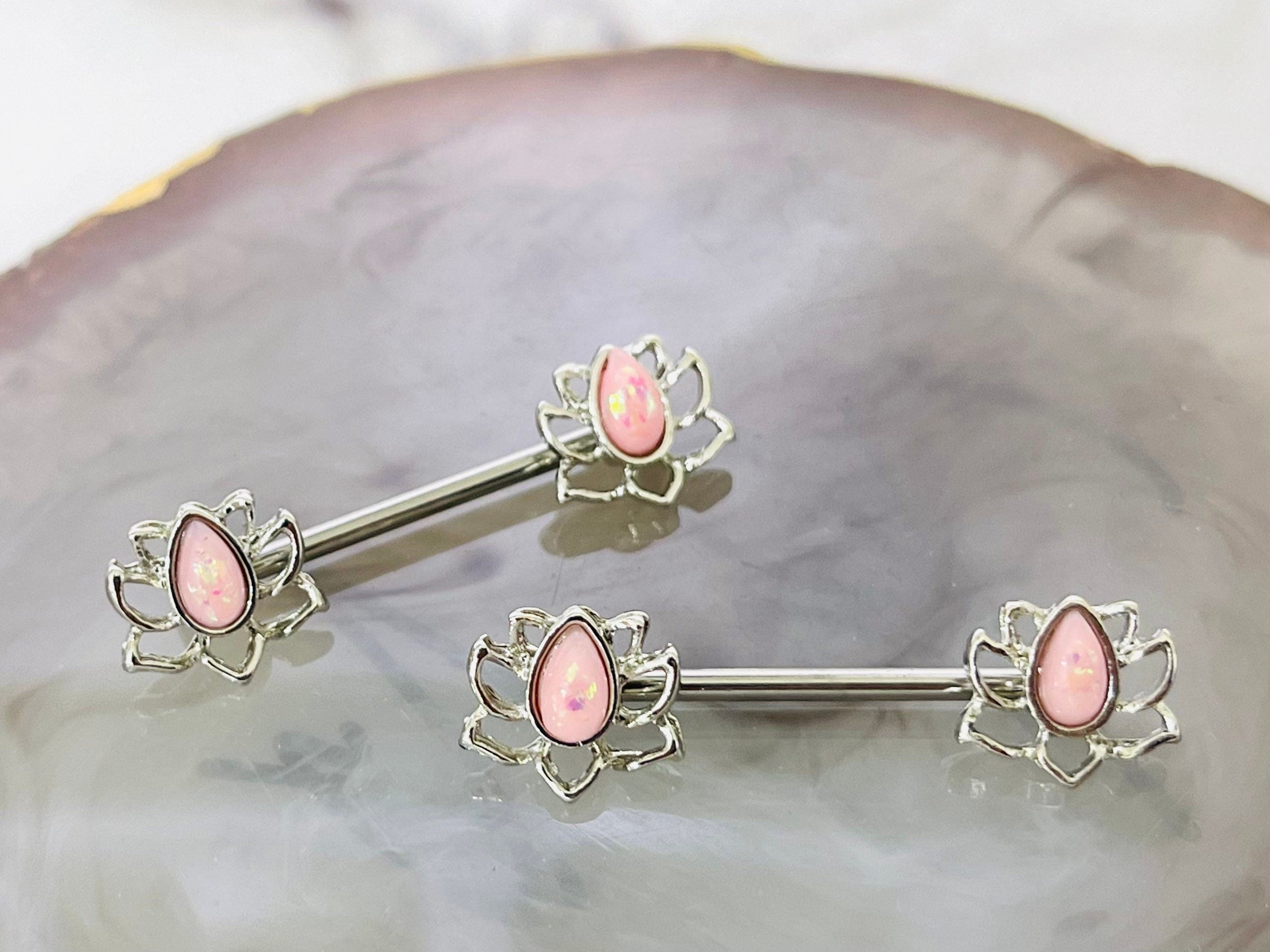 14G Pink Opal Lotus Ends Nipple Barbell Jewelry for Woman. Nipple Rings. Nipple Piercing. Nipple Jewelry.