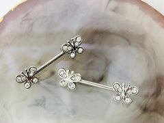 Pair of 14G Silver Clear Stones Butterfly Ends Nipple Barbell. Nipple Rings. Nipple Piercing. Nipple Jewelry