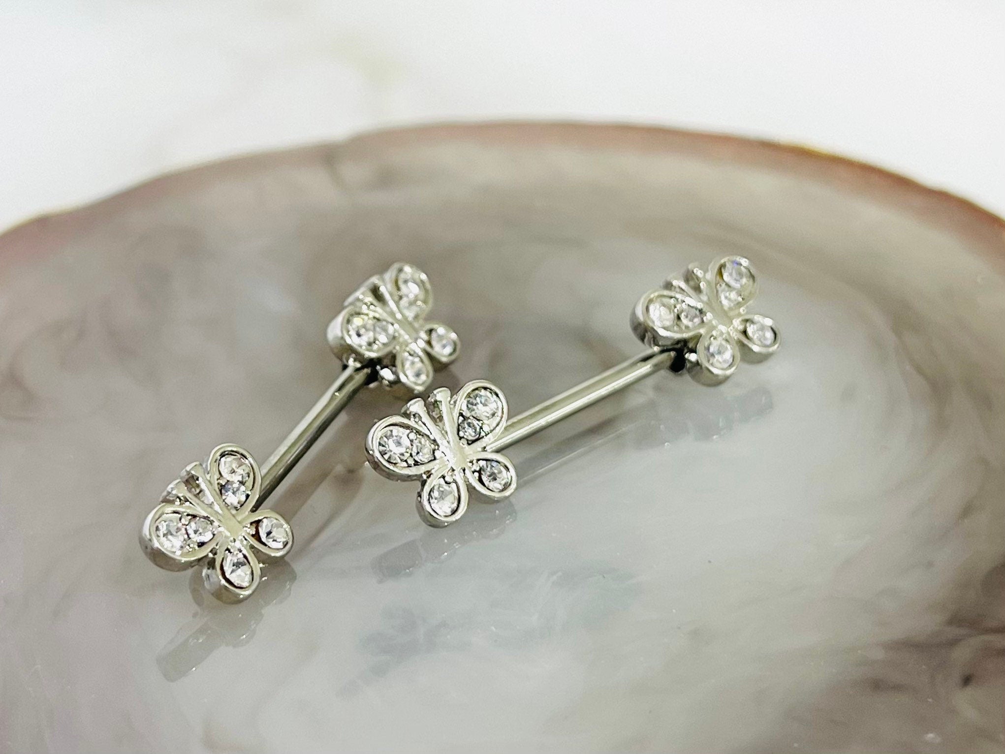 Pair of 14G Silver Clear Stones Butterfly Ends Nipple Barbell. Nipple Rings. Nipple Piercing. Nipple Jewelry