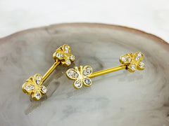 Pair of 14G Gold Clear Stones Butterfly Ends Nipple Barbell. Nipple Rings. Nipple Piercing. Nipple Jewelry