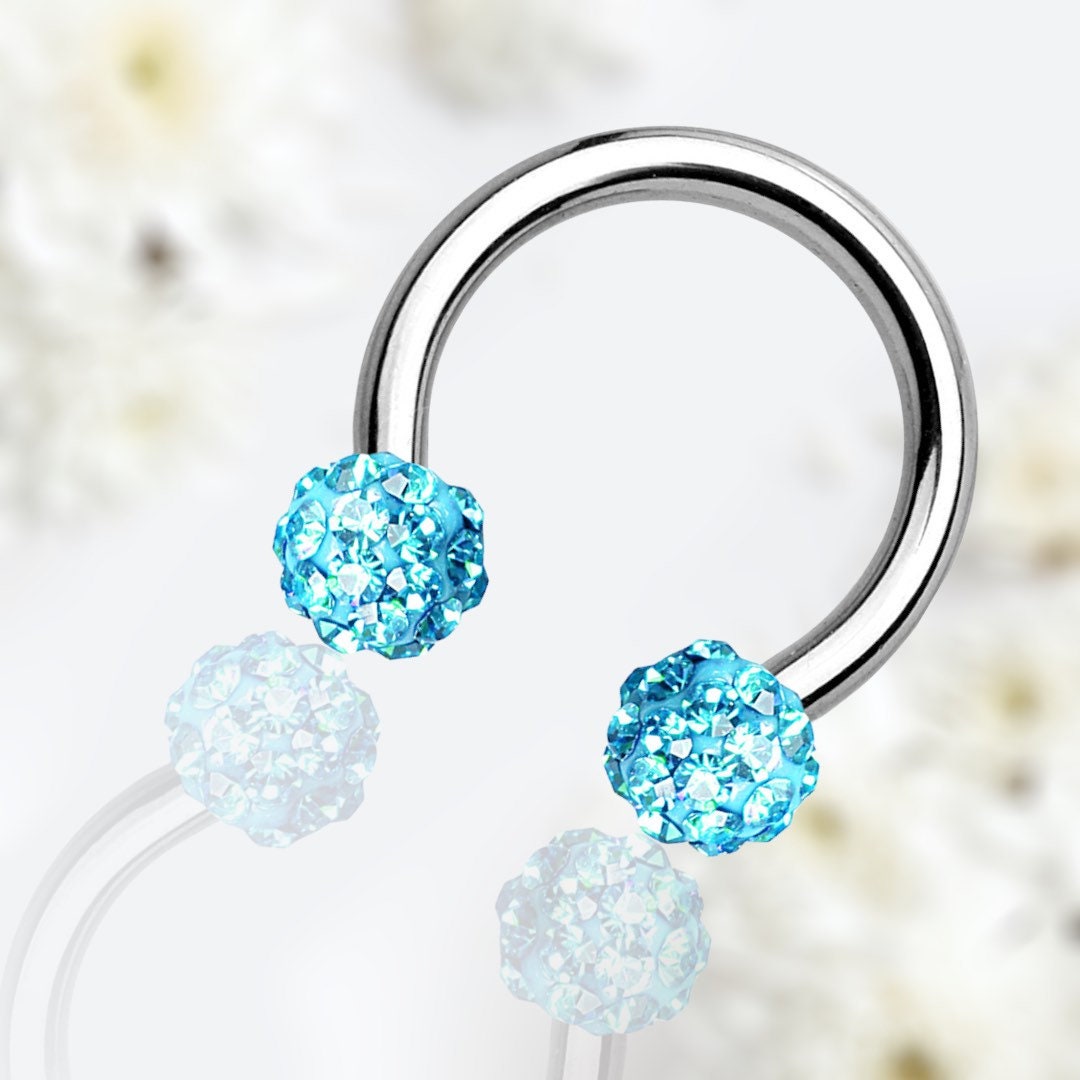 16G Aqua Blue Crystals Paved Balls Septum Horseshoe Hoop.