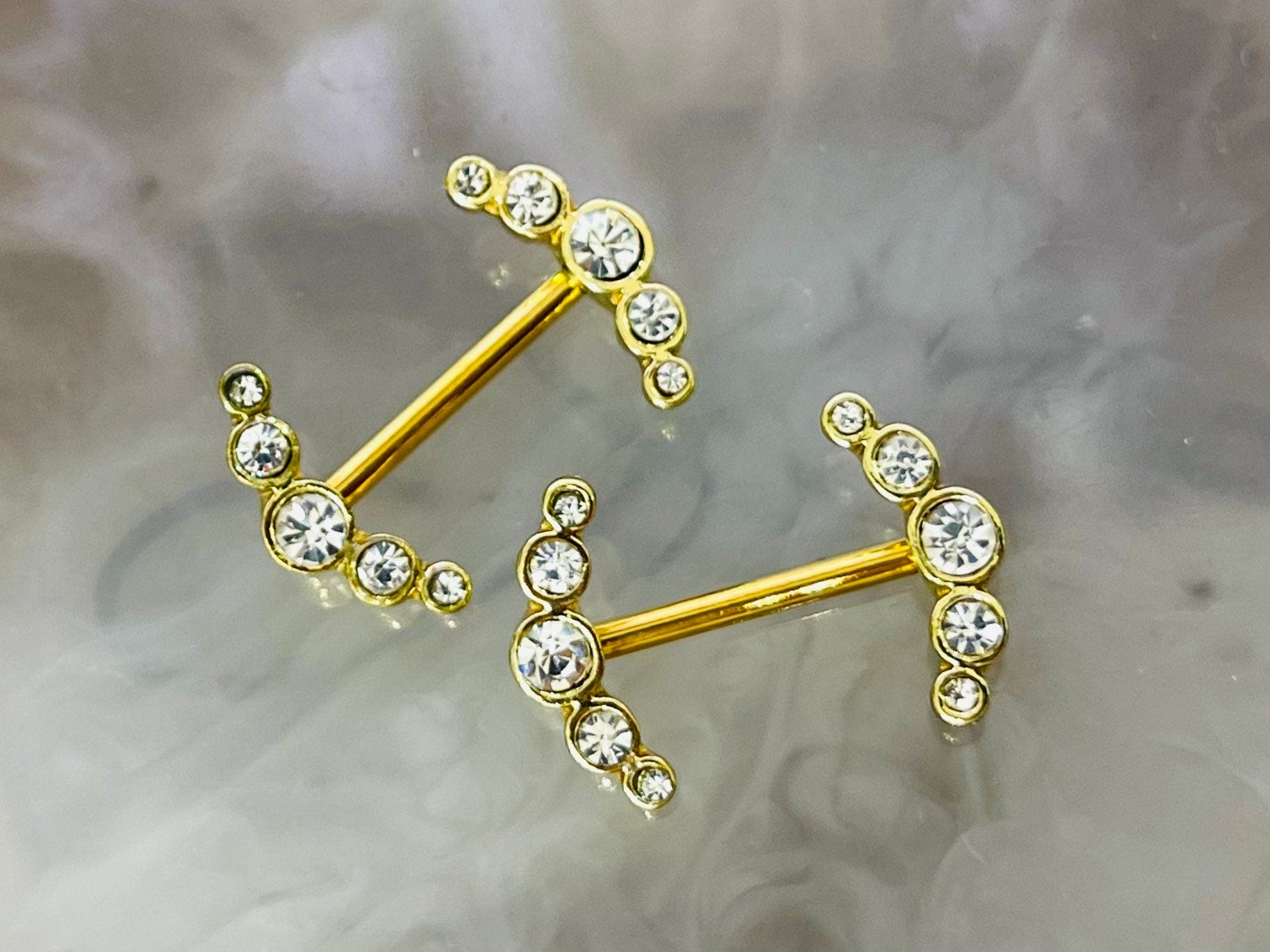 Pair of 14G Surgical Steel Gold Sparkling Clear Stone Ray Nipple Barbell. Nipple Jewelry. Nipple Piercing.