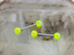 Pair of 14G Green Glitter Acrylic Ball Ends Nipple Barbells. Nipple Rings. Nipple Piercing. Nipple Jewelry.