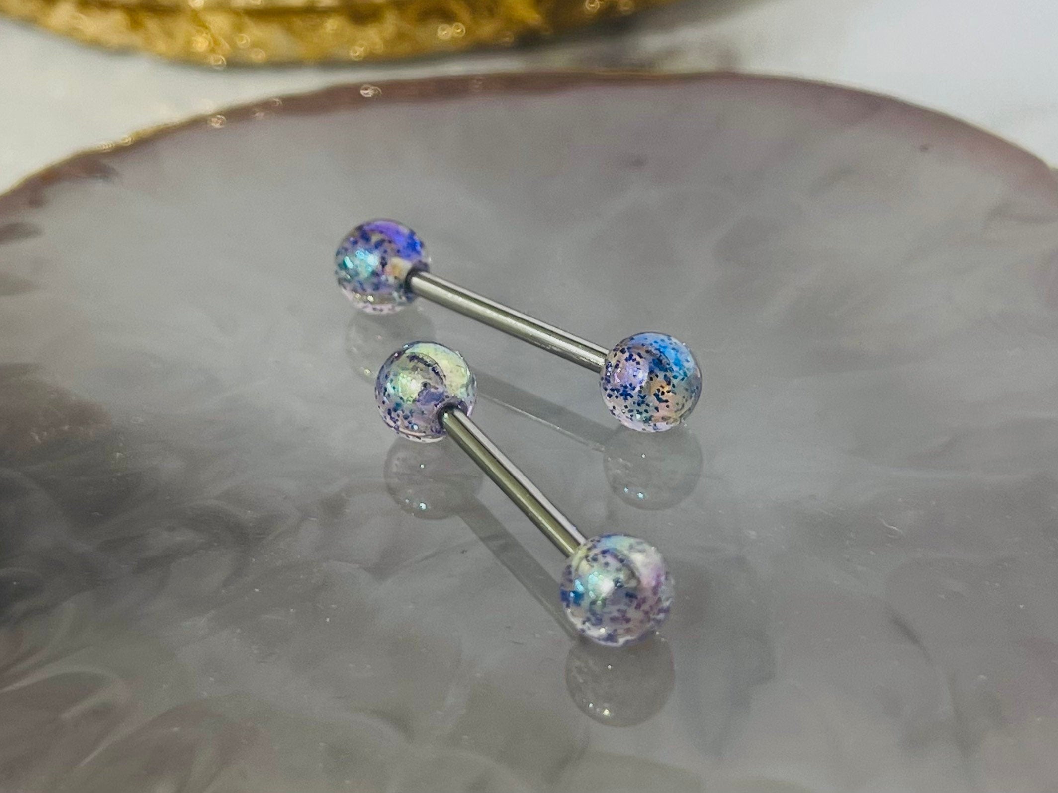 Pair of 14G Rainbow Iridescent Glitter Acrylic Ball Ends Nipple Barbells. Nipple Rings. Nipple Piercing. Nipple Jewelry.