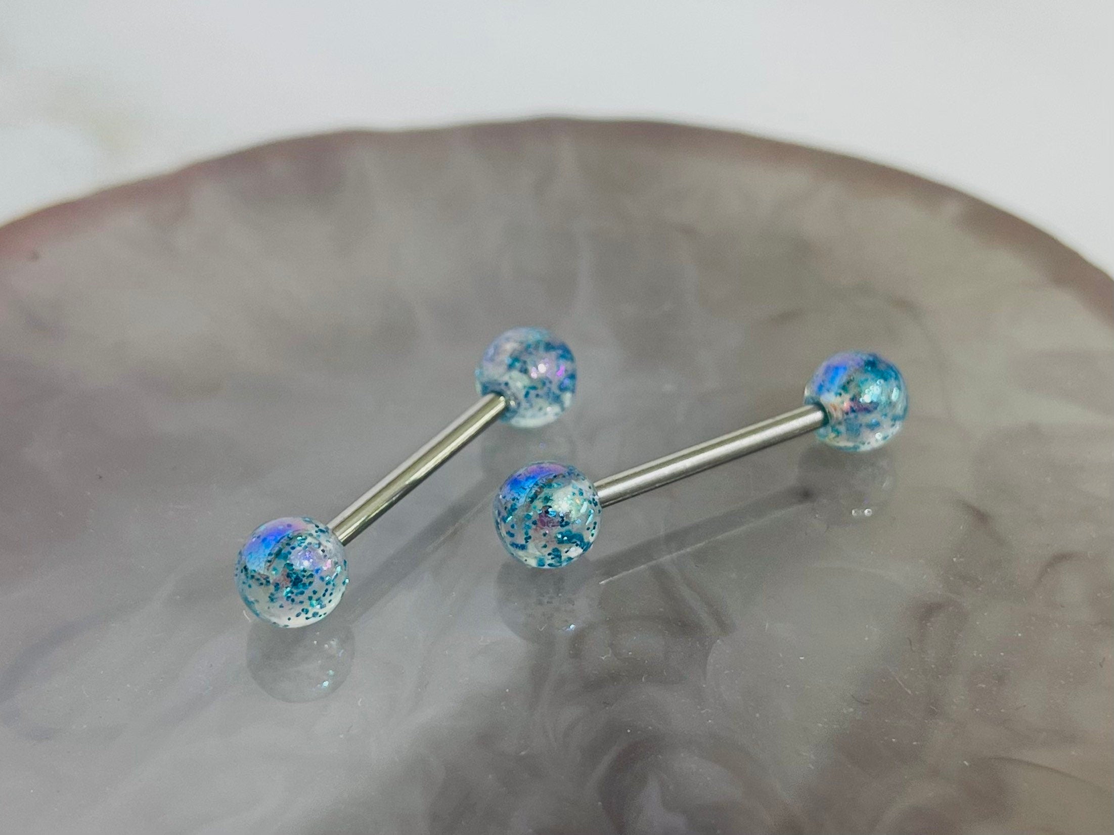 Pair of 14G Blue Iridescent Glitter Acrylic Ball Ends Nipple Barbells. Nipple Rings. Nipple Piercing. Nipple Jewelry.