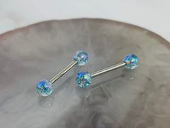 Pair of 14G Blue Iridescent Glitter Acrylic Ball Ends Nipple Barbells. Nipple Rings. Nipple Piercing. Nipple Jewelry.