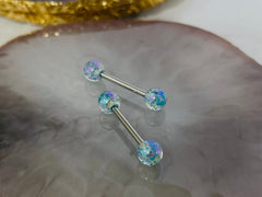 Pair of 14G Blue Iridescent Glitter Acrylic Ball Ends Nipple Barbells. Nipple Rings. Nipple Piercing. Nipple Jewelry.