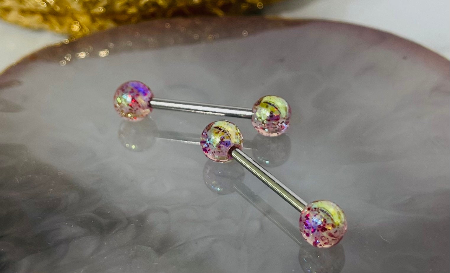 Pair of 14G Pink Iridescent Glitter Acrylic Ball Ends Nipple Barbells. Nipple Rings. Nipple Piercing. Nipple Jewelry.