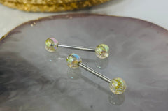 Pair of 14G Yellow Iridescent Glitter Acrylic Ball Ends Nipple Barbells. Nipple Rings. Nipple Piercing. Nipple Jewelry.