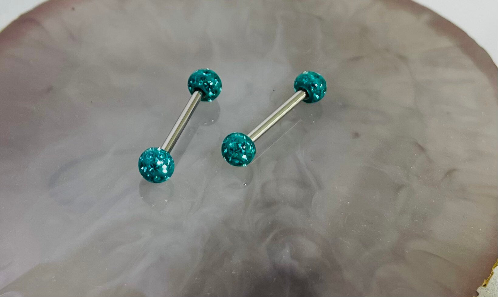 Pair of 14G Sparkling Teal Disco Ball Ends Nipple Barbell. Nipple Rings. Nipple Piercing. Nipple Jewelry.