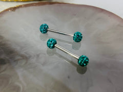 Pair of 14G Sparkling Teal Disco Ball Ends Nipple Barbell. Nipple Rings. Nipple Piercing. Nipple Jewelry.