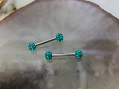 Pair of 14G Sparkling Teal Disco Ball Ends Nipple Barbell. Nipple Rings. Nipple Piercing. Nipple Jewelry.