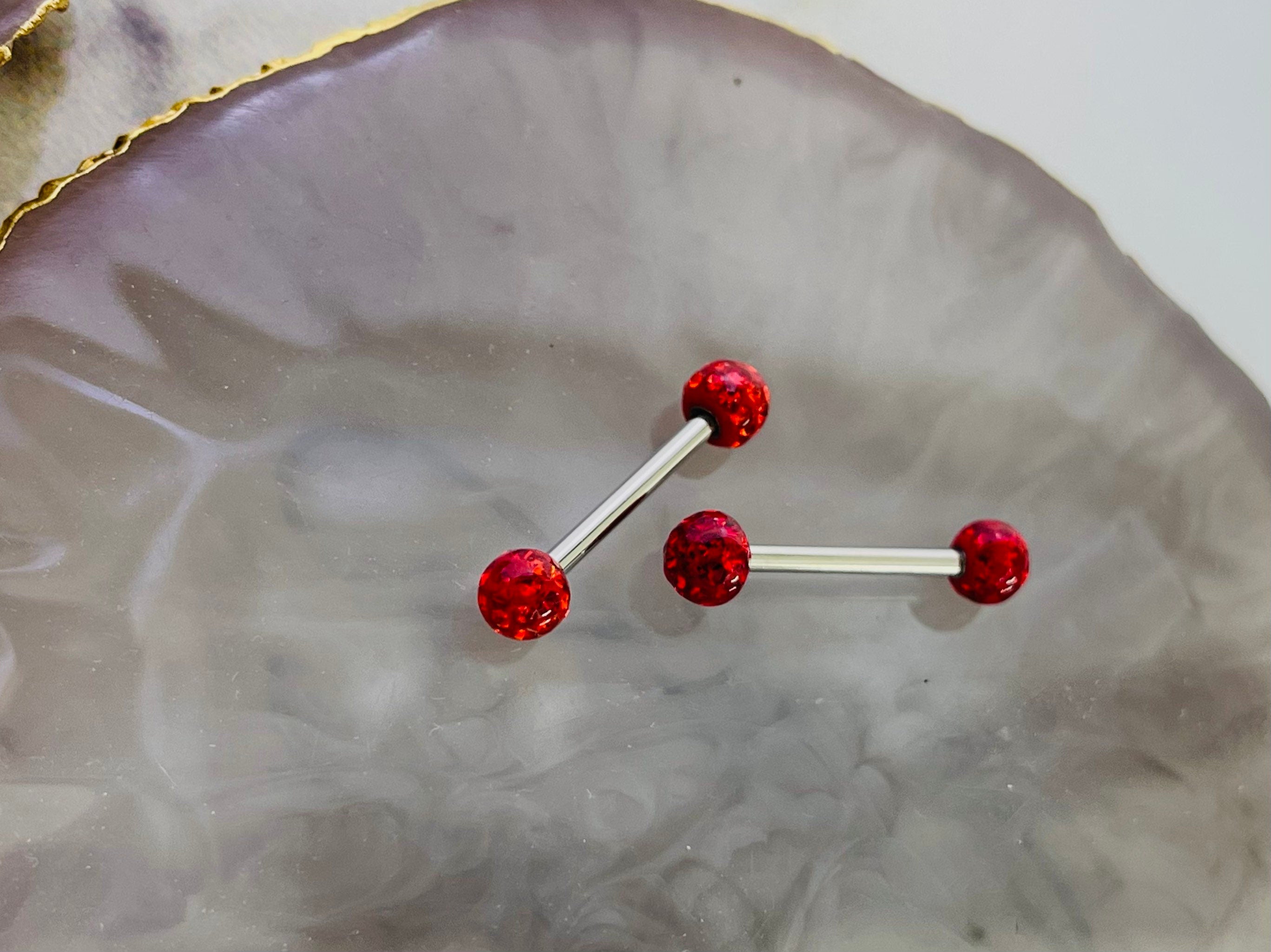 Pair of 14G Sparkling Red Disco Ball Ends Nipple Barbell. Nipple Rings. Nipple Piercing. Nipple Jewelry.