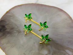 Pair of 14G Gold CZ Leaves Nipple Barbell. Nipple Piercing. Nipple Rings. Nipple Jewelry