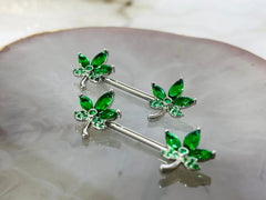 Pair of 14G Silver CZ Leaves Nipple Barbell. Nipple Piercing. Nipple Rings. Nipple Jewelry