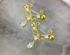 Pair of 14G Gold Heart Filigree with Dangling Teardrop Nipple Barbell.