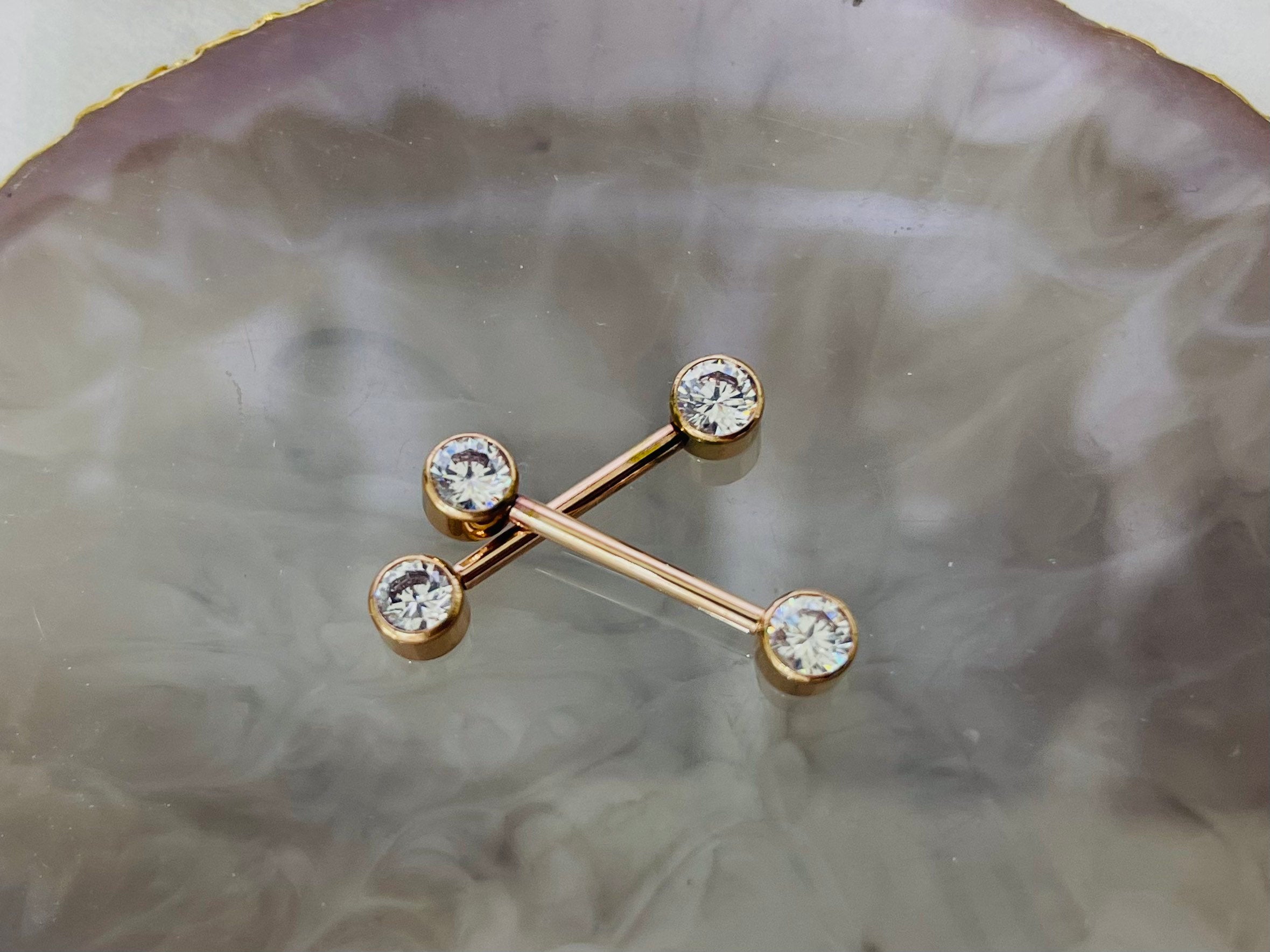 Implant Grade Titanium Internally Threaded Rose Gold Bezel Set Clear Stone Nipple Barbell. Nipple ring. Nipple Jewelry