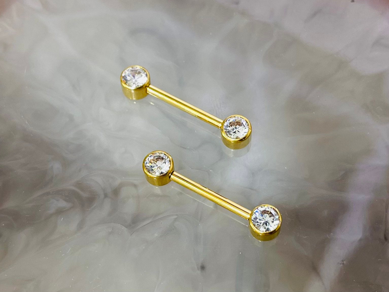 Pair of 14G Implant Grade Titanium Internally Threaded Gold Bezel Set Clear Stone Nipple Barbell.