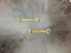 Pair of 14G Implant Grade Titanium Internally Threaded Gold Bezel Set Clear Stone Nipple Barbell.