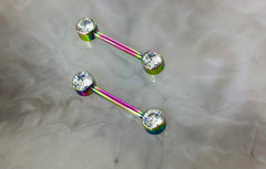 Pair of 14G Implant Grade Titanium Internally Threaded Rainbow Bezel Set Clear Stone Nipple Barbell.