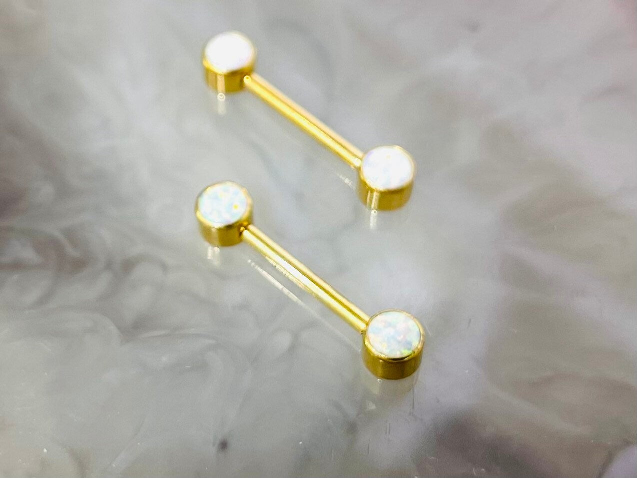 Pair of 14G Implant Grade Titanium Internally Threaded Gold Bezel Set White Opal Stone Nipple Barbell.