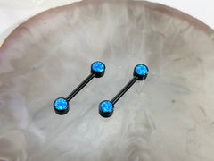 Pair of 14G Implant Grade Titanium Internally Threaded Black Bezel Set Blue Opal Stone Nipple Barbell.