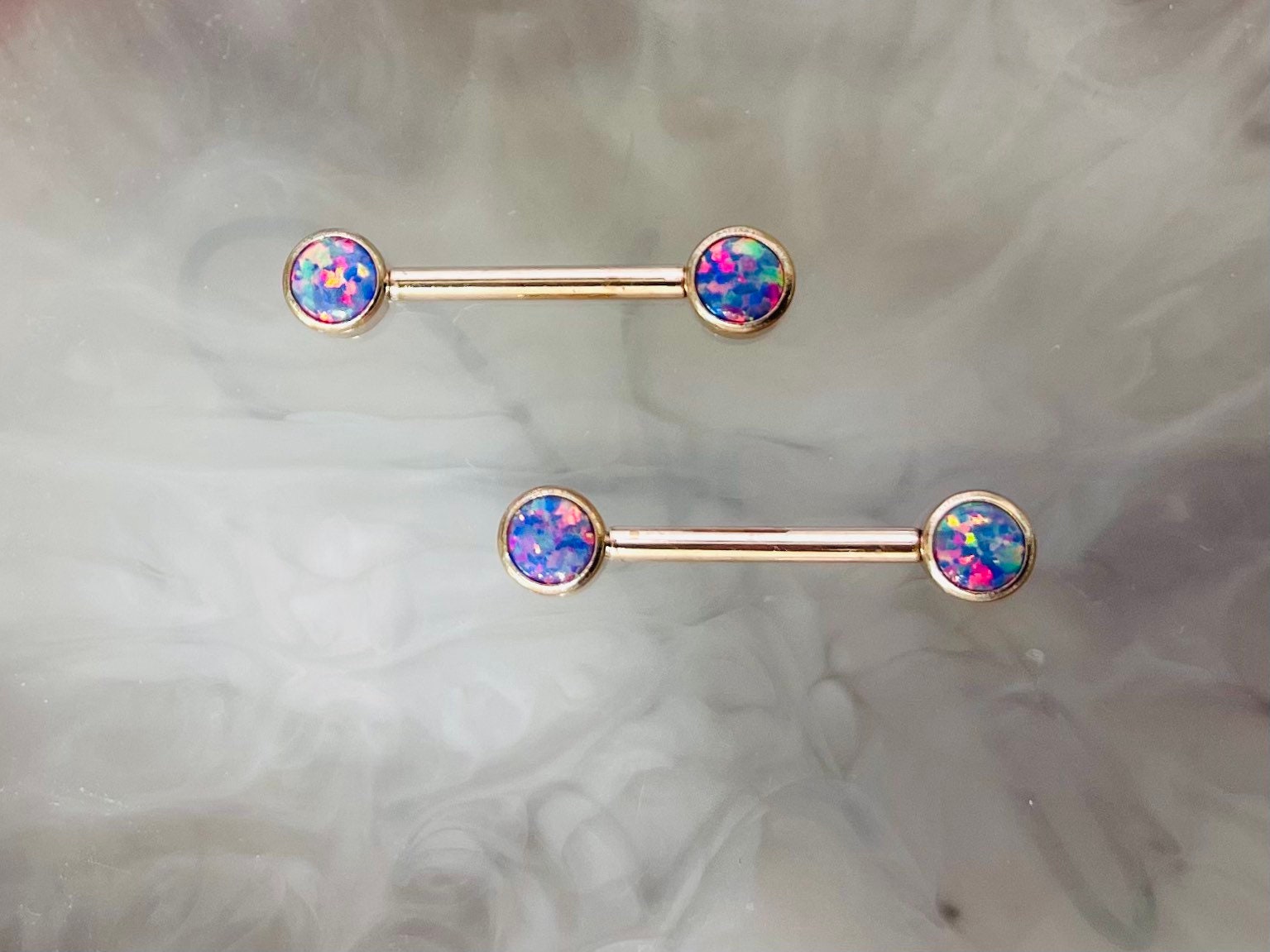 Pair of 14G Implant Grade Titanium Internally Threaded Rose Gold Bezel Set Pink & Blue Opal Stone Nipple Barbell.