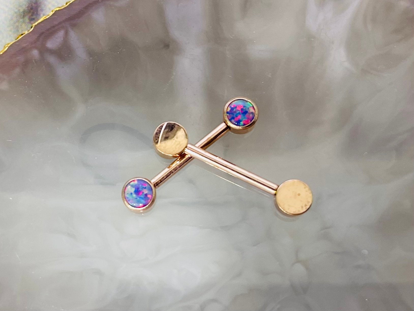 Pair of 14G Implant Grade Titanium Internally Threaded Rose Gold Bezel Set Pink & Blue Opal Stone Nipple Barbell.