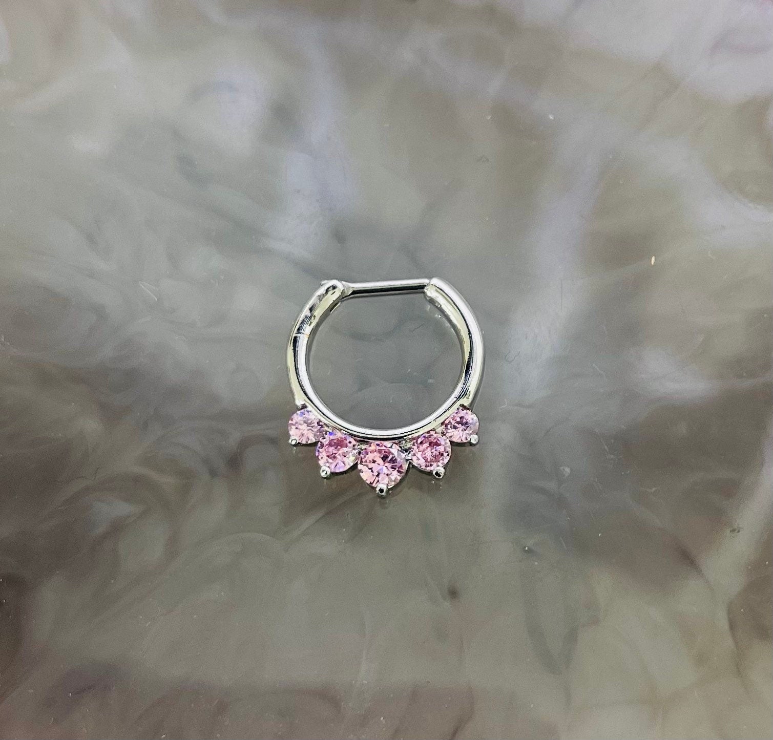 16G Silver Prong Set Sparkling Pink Stone Septum Clicker Ring