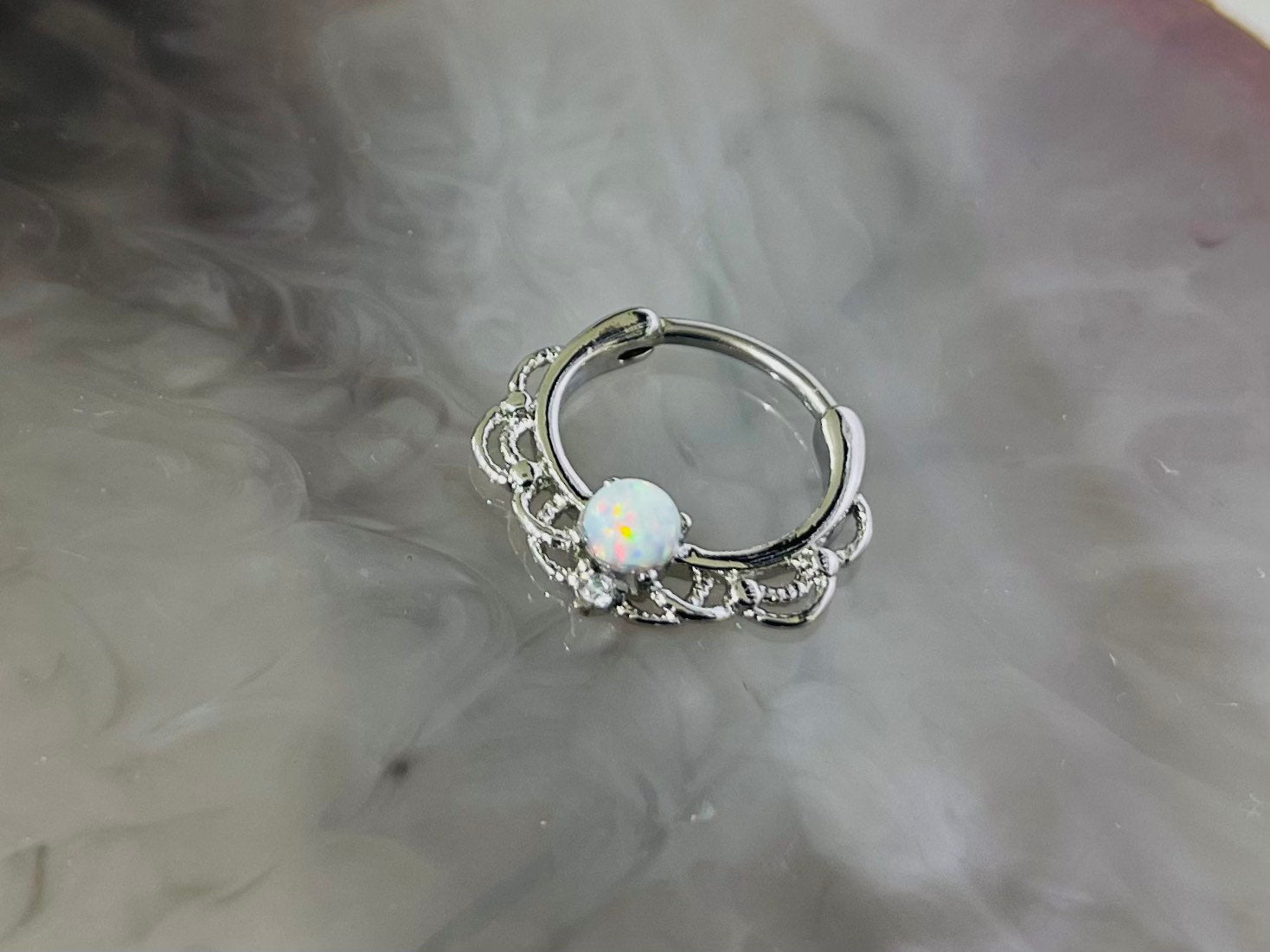 16G Single White Opal Center Lacey Septum Clicker Ring