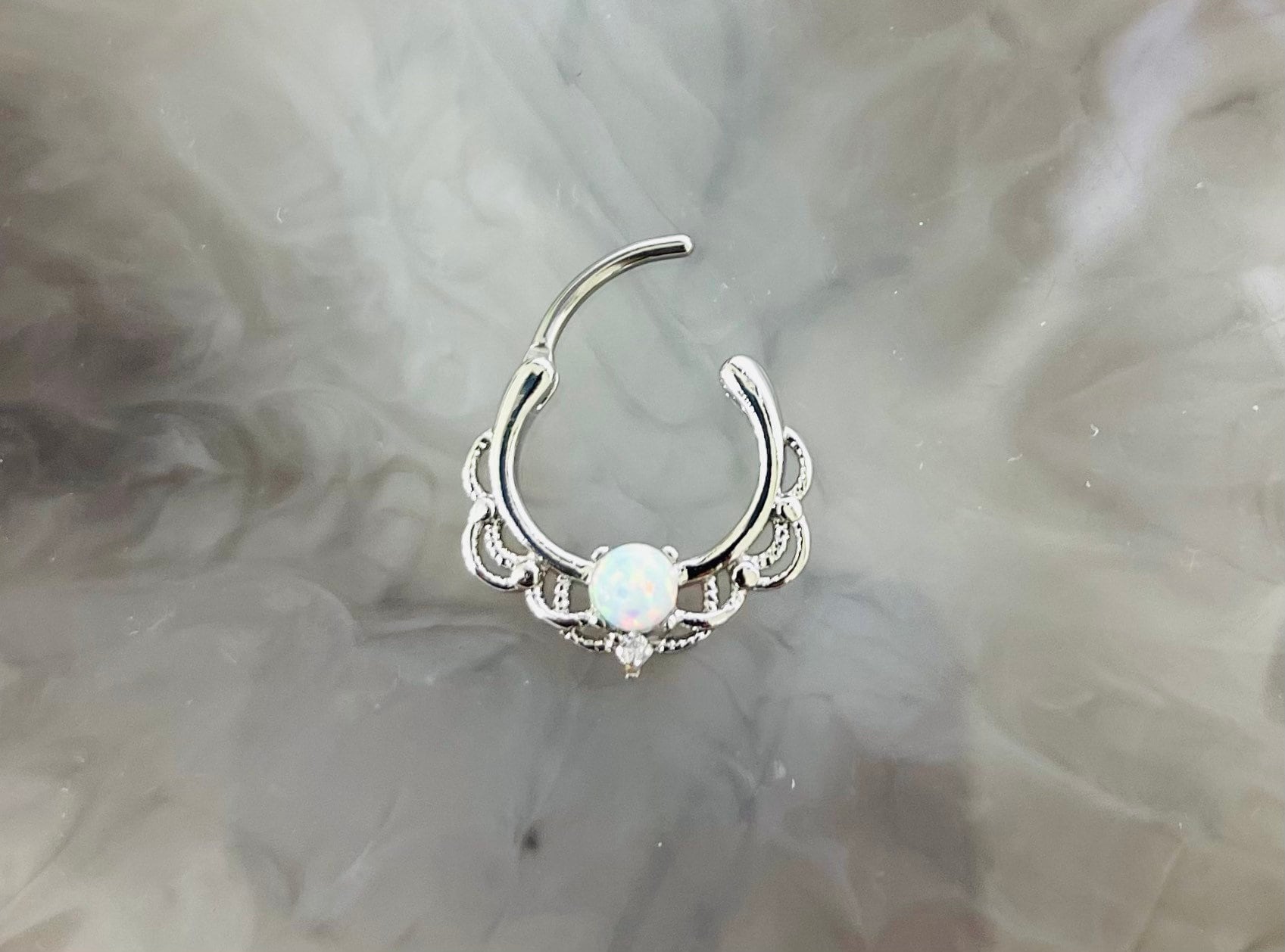 16G Single White Opal Center Lacey Septum Clicker Ring