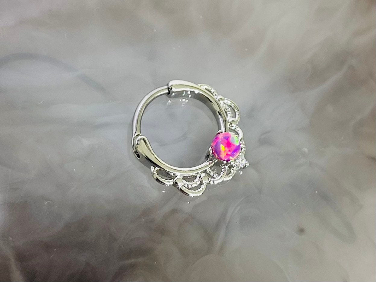 16G Silver Single Pink Opal Center Hinged Septum Clicker Ring