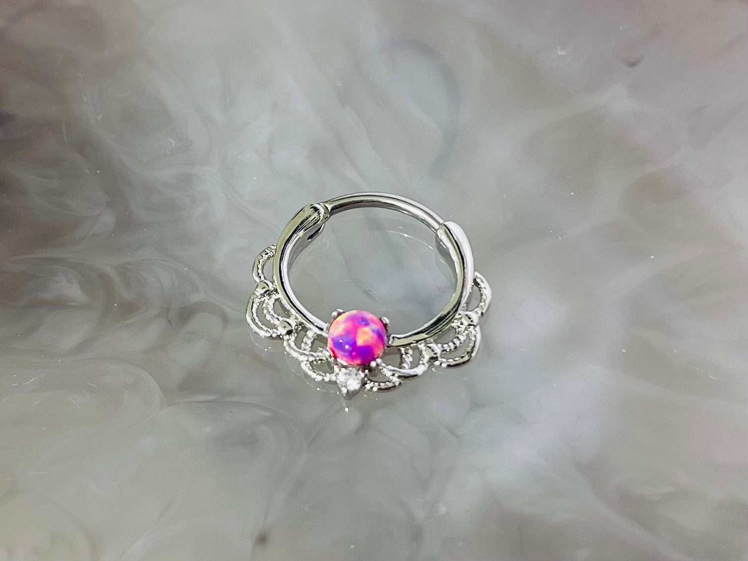 16G Silver Single Pink Opal Center Hinged Septum Clicker Ring