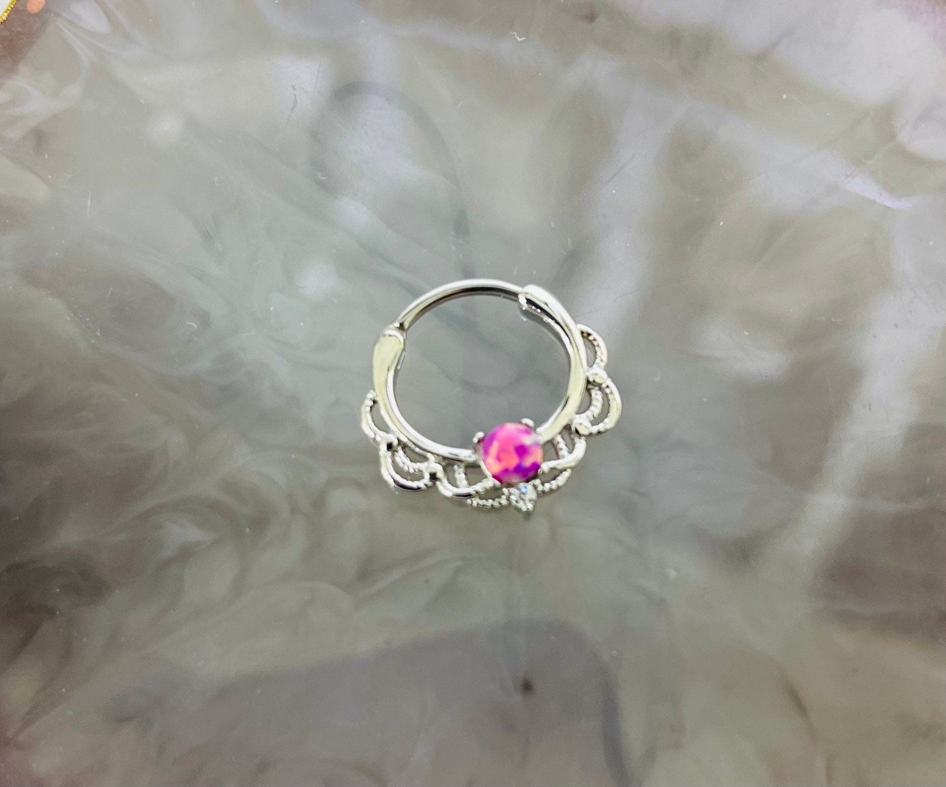 16G Silver Single Pink Opal Center Hinged Septum Clicker Ring