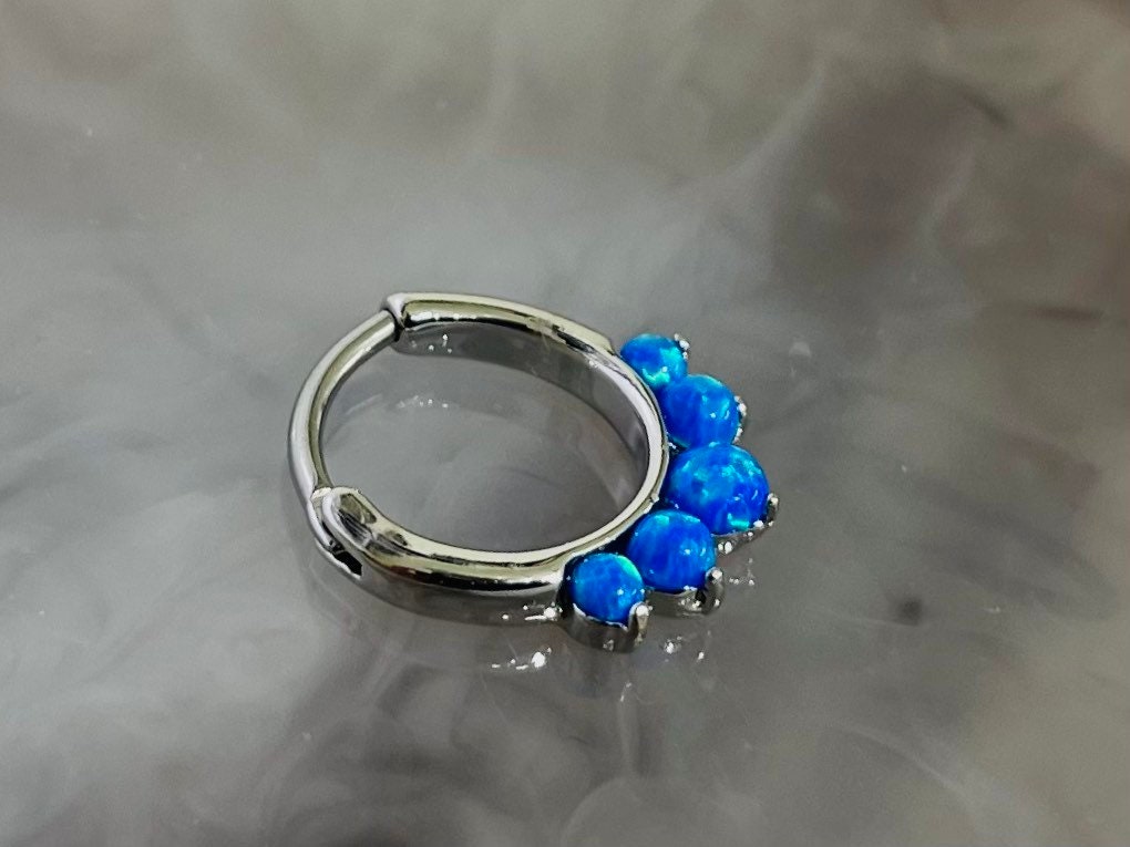 16G Silver Round Blue Opal Center Hinger Septum Clicker Ring