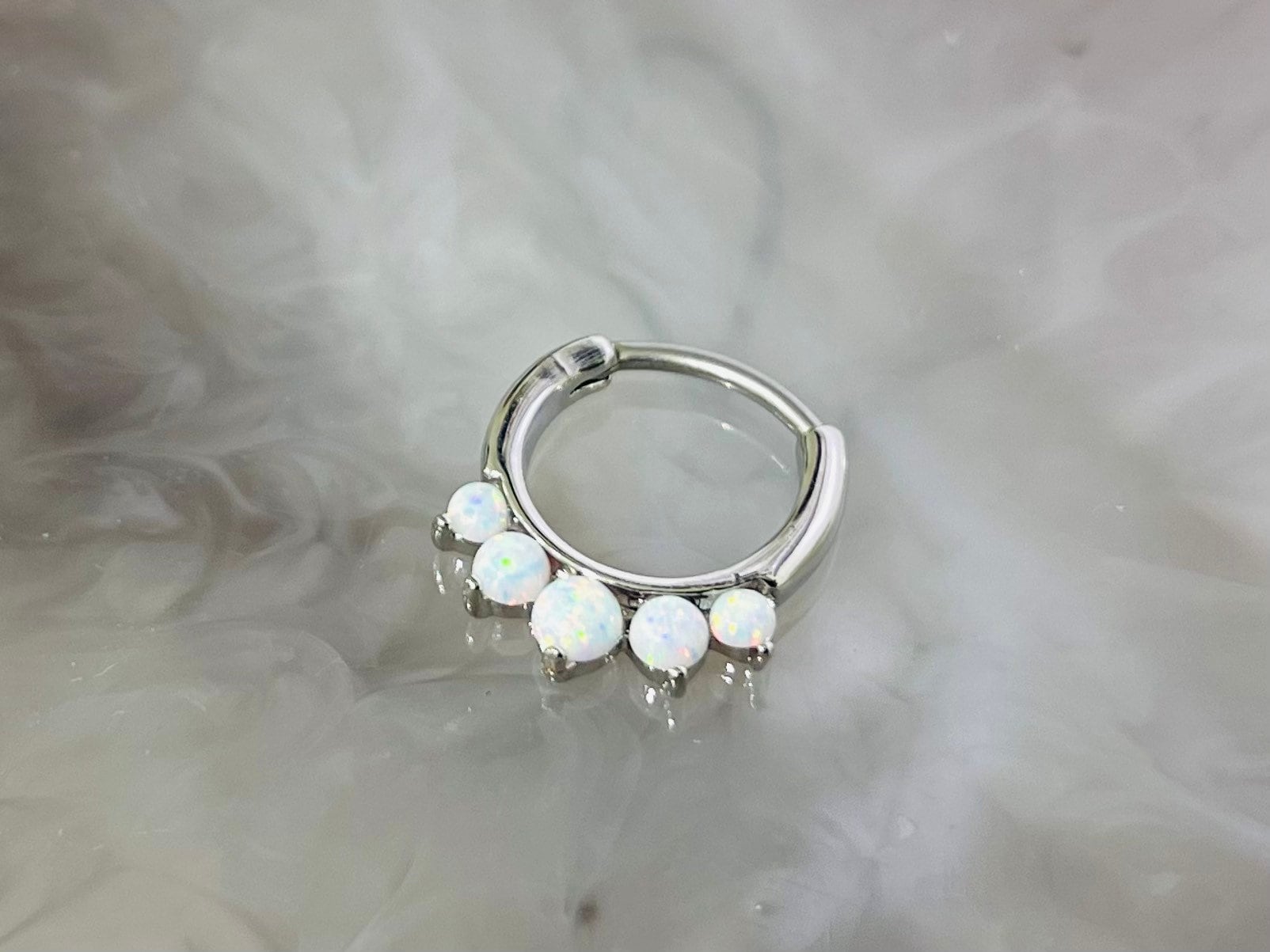 16G Silver Round White Opal Center Hinged Septum Clicker Ring