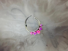 16G Silver Round Pink Opal Center Hinged Septum Clicker Ring