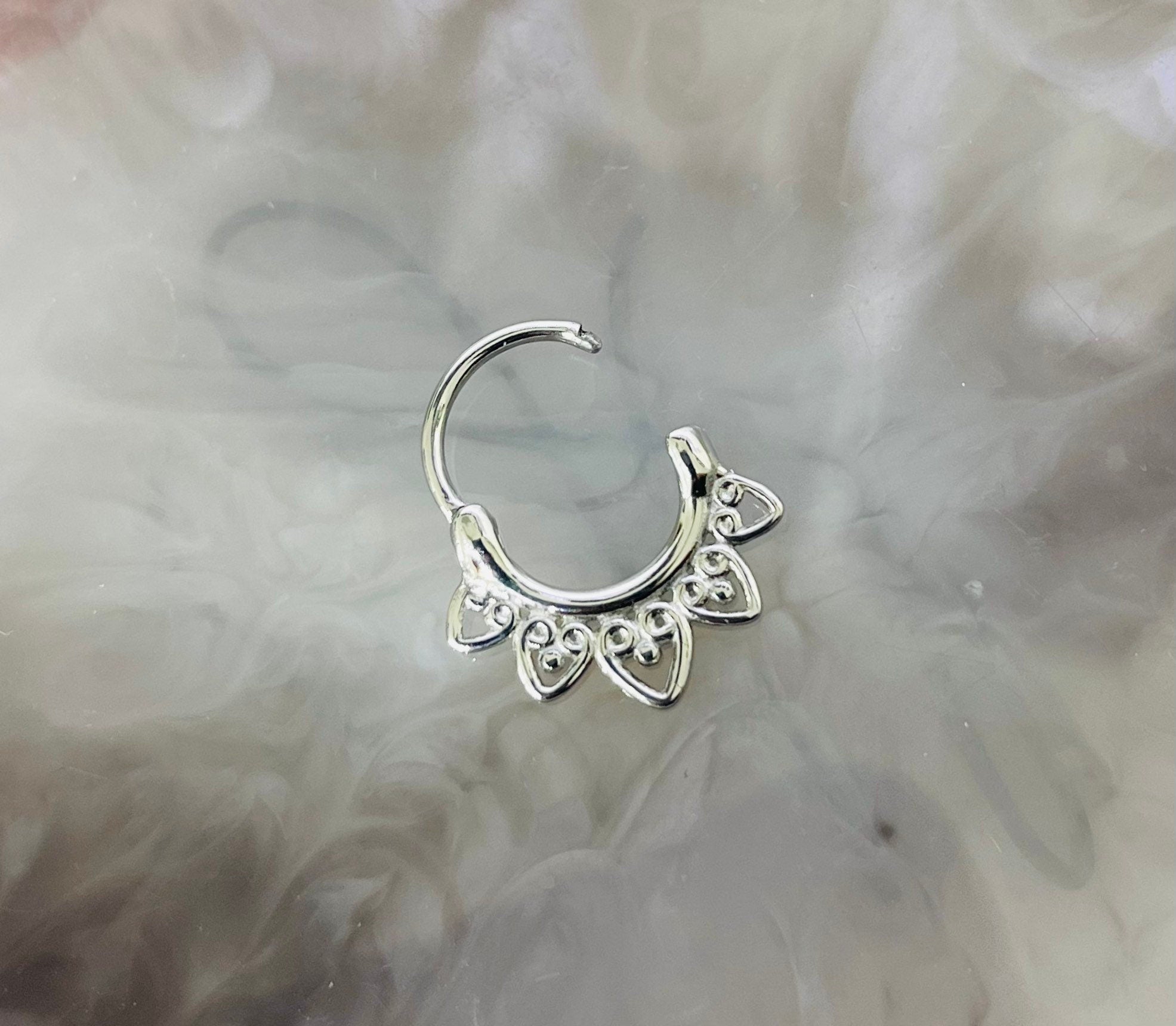 16G Silver Tribal Design Hinged Septum Clicker Ring