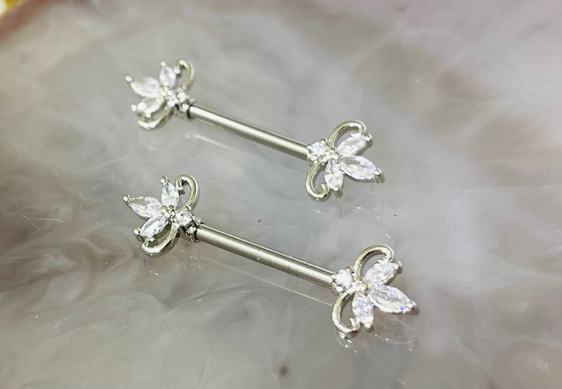 Pair of 14G Silver Clear Marquise Stones Nipple Barbell. Nipple Piercing. Nipple Rings. Nipple Jewelry.