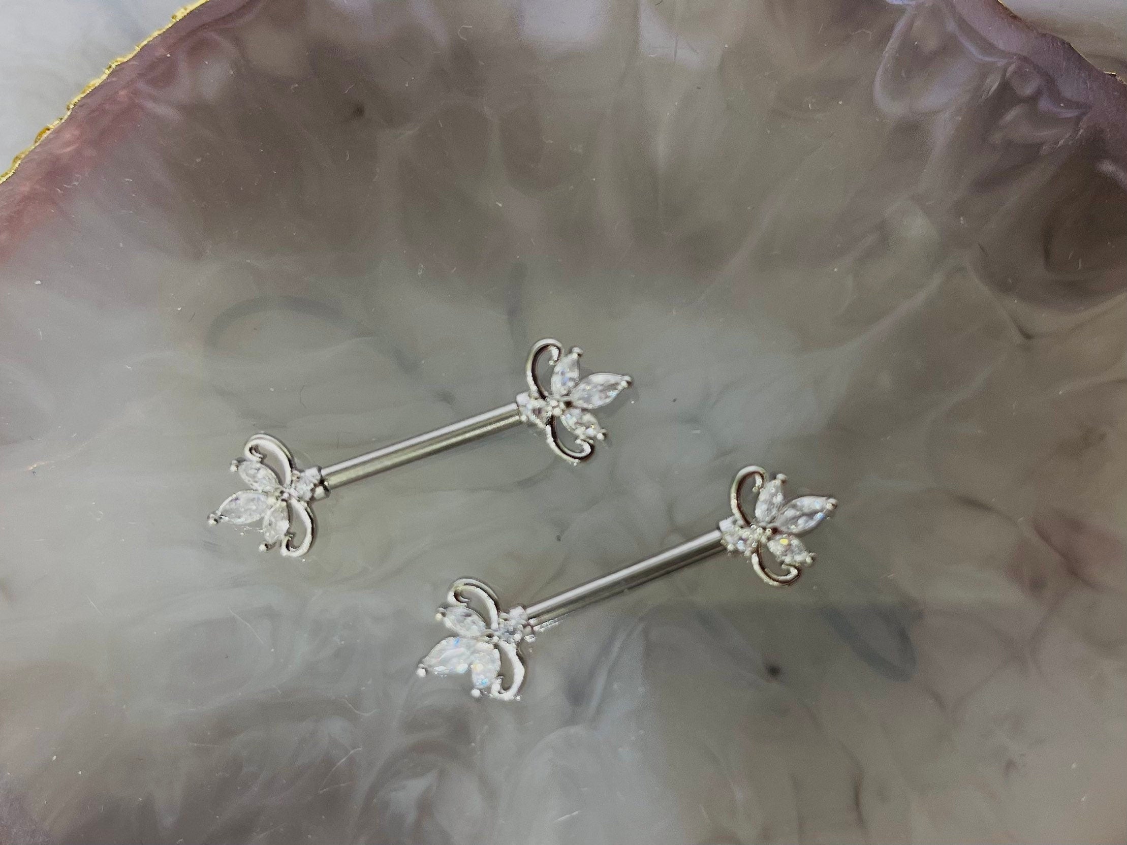 Pair of 14G Silver Clear Marquise Stones Nipple Barbell. Nipple Piercing. Nipple Rings. Nipple Jewelry.