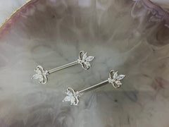 Pair of 14G Silver Clear Marquise Stones Nipple Barbell. Nipple Piercing. Nipple Rings. Nipple Jewelry.