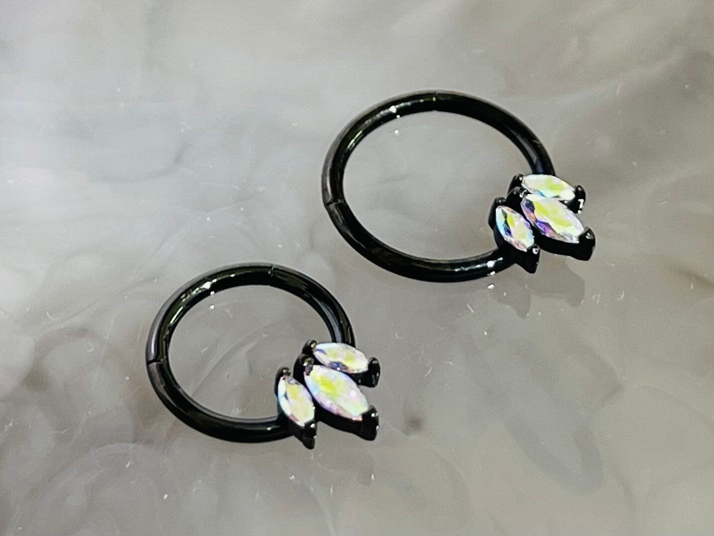 16G Black Triple Gem Iridescent Marquise Stones Seamless Hinged Septum Clicker Ring 8MM 10MM