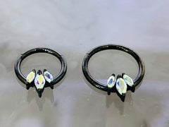 16G Black Triple Gem Iridescent Marquise Stones Seamless Hinged Septum Clicker Ring 8MM 10MM